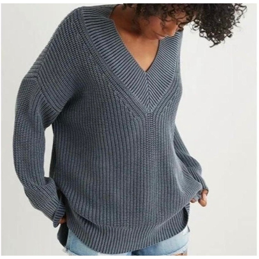 Aerie Women Blue Shaker Stitch V-Neck Cotton Pullover Sweater XS Indigo Wash